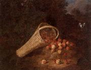 A wooded landscape with sirawberries spilling from an overturned basket unknow artist